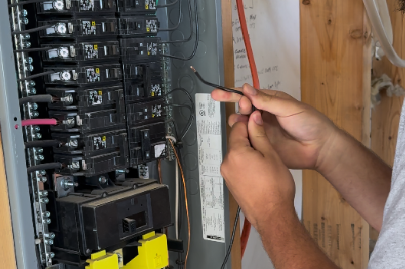 Photo of a technician wiring breakers in an electrical panel