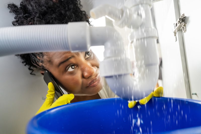 How to Prevent Frozen or Burst Pipes This Winter. Photo of a woman on her phone, looking at her pipes under a sink leaking.